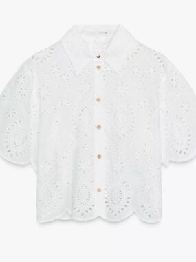 Zara White Eyelet Button-Front Blouse